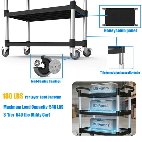 Heavy Duty Three Tier Rolling Utility Cart With Four Anti Tangling Lockable Quiet Casters And 540 Pound Capacity For Restaurant Office Warehouse Hotel And School Use Black 40 Inch Long By 19.5 Inch Wide By 37.8 Inch High, close-up of casters and shelves.