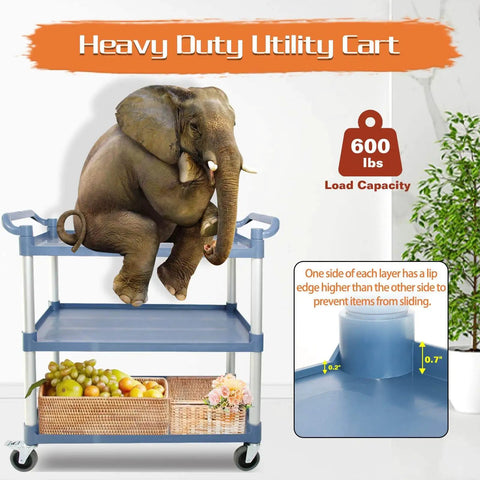Heavy Duty Rolling Utility Cart With Lockable Wheels 600 Lb Capacity Large Size Gray Hammer Finish For Kitchen Office And Warehouse