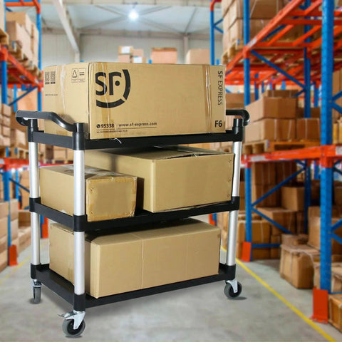 Heavy Duty Plastic Utility Cart With Locking Wheels And 550 Pound Capacity, Big Boss Restaurant Service Cart loaded with boxes in a warehouse