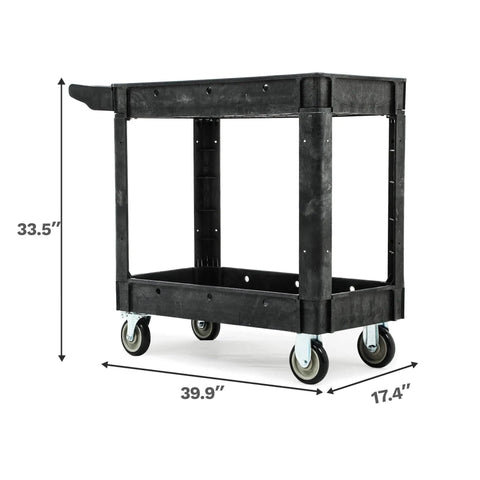 Heavy Duty Plastic Utility Cart On Wheels With 1000 Lb Capacity And 2 Shelves DWVO Rolling Service Cart, side view