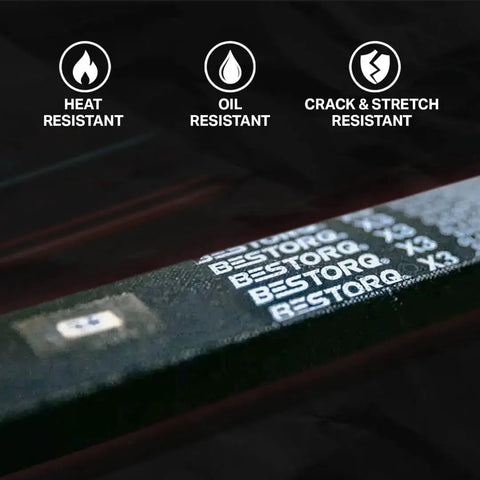 Close-up of Bestorq X3 Fabric Wrapped V Belt showing heat, oil, and crack resistance labels