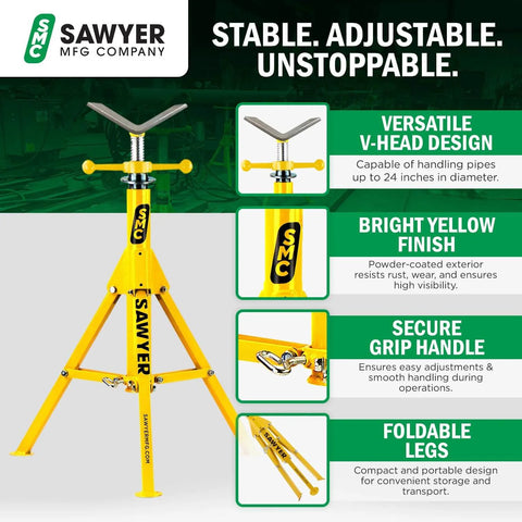 Folding V Head Pipe Stand - Heavy Duty Steel Tripod Welding Jack Stand with bright yellow finish and adjustable height 28" to 52"