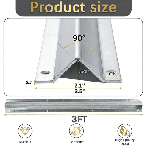 Heavy Duty Extra Wide 3.5 Inch V Track For Sliding Gates With Universal Fit For 4 Inch And 6 Inch V Groove Wheels Galvanized Steel Ground Track Kit Modular Design For Driveway Warehouse And Industrial Gates, front and side views showing measurements and features.