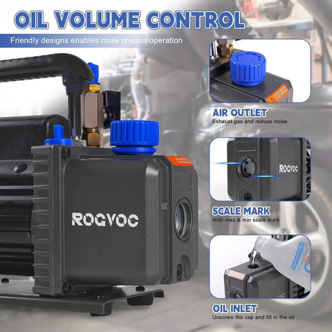 Heavy Duty Three Point Five CFM Vacuum Pump For HVAC And Auto Systems showing oil volume control and air outlet features