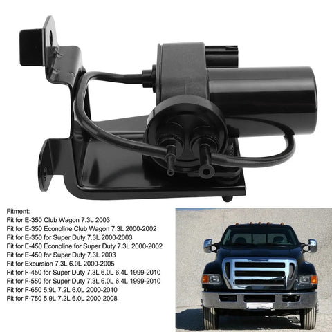 Heavy Duty Electric Vacuum Pump For Ford F Series Trucks Direct Fit OEM 904 214 Replacement shown with vehicle compatibility chart