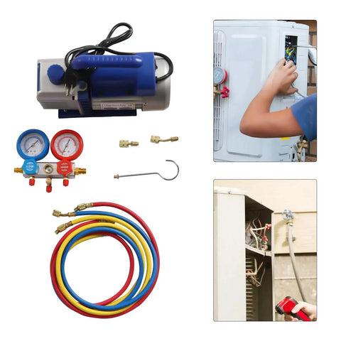 Heavy Duty Vacuum Pump And Manifold Gauge Set For AC Refrigeration Kit 110V 180W One Quarter HP Single Stage Auto And Home Use with hoses and gauges