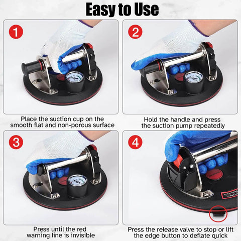 Beefed Up Heavy Duty Vacuum Suction Cup Lifter For Glass And Large Appliances with Built In Pressure Gauge in use instructions.