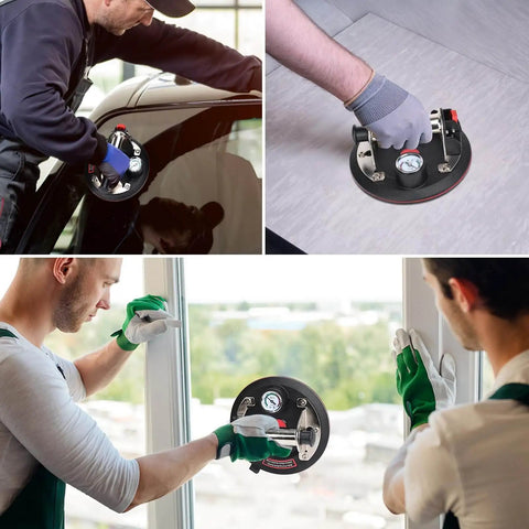 Beefed Up Heavy Duty Vacuum Suction Cup Lifter for Glass and Large Appliances with Built-In Pressure Gauge in use by movers.