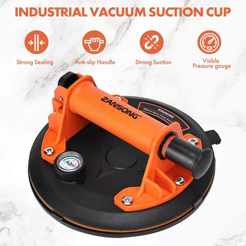 Heavy Duty Vacuum Suction Cup Lifter for glass and large appliances, orange anti-slip handle with pressure gauge, top view