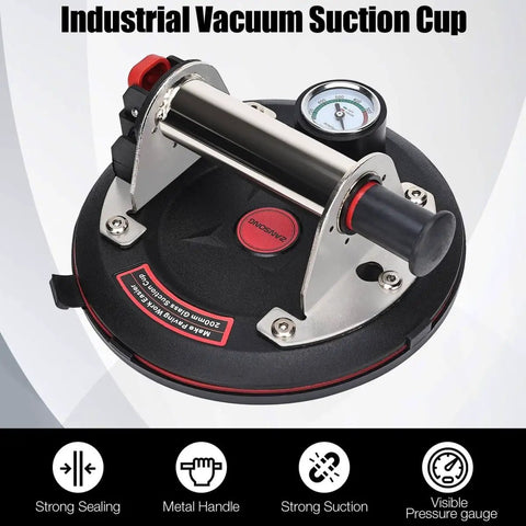 Beefed Up Heavy Duty Vacuum Suction Cup Lifter with Built In Pressure Gauge for Glass and Large Appliances, handle and gauge view