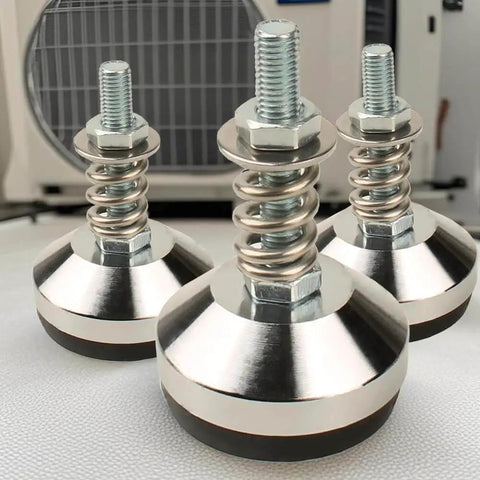 Heavy duty vibration isolator mounts with adjustable M8 leveling feet provide stable, noise reducing support for air conditioners and workbenches.