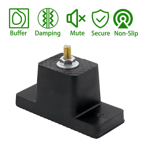 Heavy Duty Anti Vibration Pad Kit With Rubber Isolators And Mounting Brackets For Outdoor Mini Split Central Air Conditioners And Air Compressors Includes Expansion Screws And Shock Absorbing Feet Reducing Vibration And Noise Up To 1000 Lbs. Black rubber isolator pad on white background with mounting bolt visible.