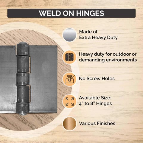 Hinge Outlet Weld On Hinge Extra Heavy Duty Steel, 6 Inch, shown with features on wood background