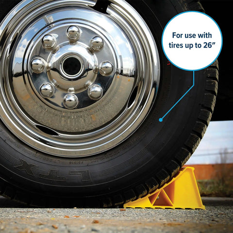 Keep Your Travel Trailer Steady With This Heavy Duty Wheel Chock For Trailers And RVs UV Protected Plastic Fits Tires Up To 26 Inches Rehitch With Confidence And Peace Of Mind Durable And Easy To Use.