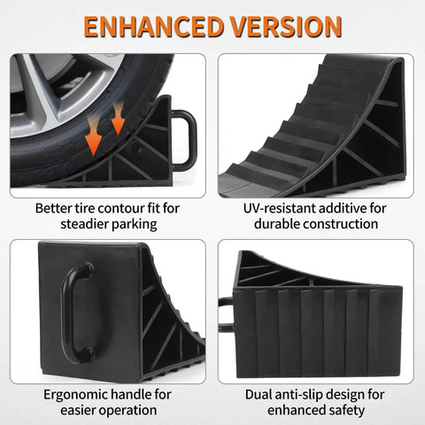 Heavy Duty Wheel Chocks for RVs and Campers Non Slip Tire Chocks for Travel Trailers and Boat Trailers with Handles Durable UV Resistant High Density Plastic Lightweight 4 Pack showing enhanced features and ergonomic handle.