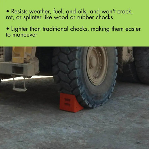 Extra Large Wheel Chock For 46 To 65 Inch Tires Heavy Duty Wheel Chock For Semi Trucks Utility Vehicles And Tractor Trailers 140K Lb Load Capacity Made In USA Polyurethane UC1210 securing a semi truck tire on gravel surface