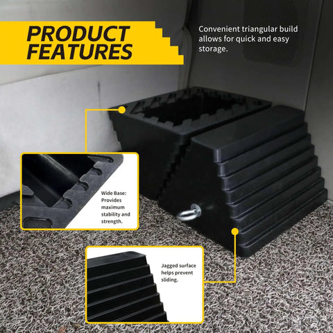 Heavy Duty Rubber Wheel Chocks With Steel Eyebolt 2 Pack Oil Resistant Non Slip 10 Inch By 8 Inch By 6 Inch For Trailers Cars RVs And Motorcycles Delivers Maximum Grip And Easy Safety Parking in use, highlighting triangular build and features.