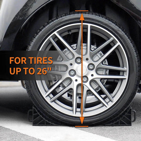 Heavy Duty Wheel Chocks for RVs and Campers Non Slip Tire Chocks for Travel Trailers and Boat Trailers with Handles Durable UV Resistant High Density Plastic Lightweight 4 Pack shown in use with car tire