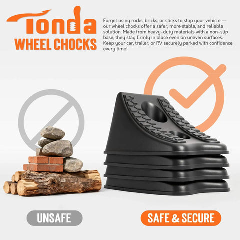 Heavy Duty Wheel Chocks For Cars And Travel Trailers, Stackable Space Saving Anti Slip Wedges With Rock Solid Grip, 4 Pack, Black By TONDA