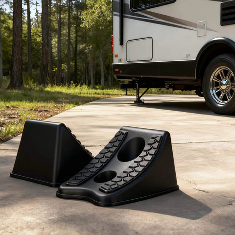 Heavy Duty Wheel Chocks For Cars And Travel Trailers, Stackable Space Saving Anti Slip Wedges With Rock Solid Grip, 8x4.7x4.7 Inches, 4 Pack, Black By TONDA in front of a travel trailer on a driveway.
