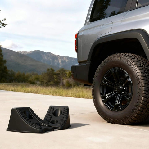 Heavy Duty Wheel Chocks For Cars And Travel Trailers, Stackable Space Saving Anti Slip Wedges With Rock Solid Grip next to SUV tire