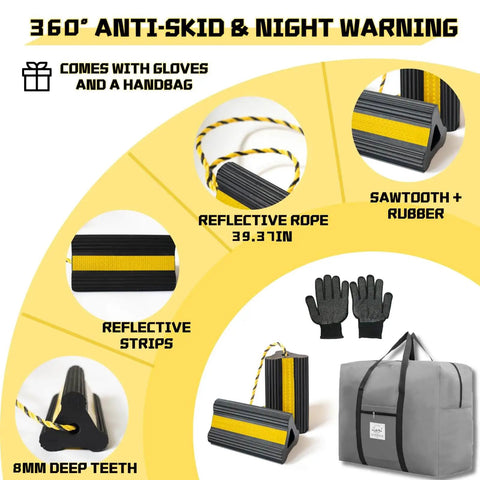 Heavy Duty Wheel Chocks With Gloves And Storage Bag For RVs Trailers Trucks Cars Campers And Aircraft, 8mm Teeth, reflective strips.