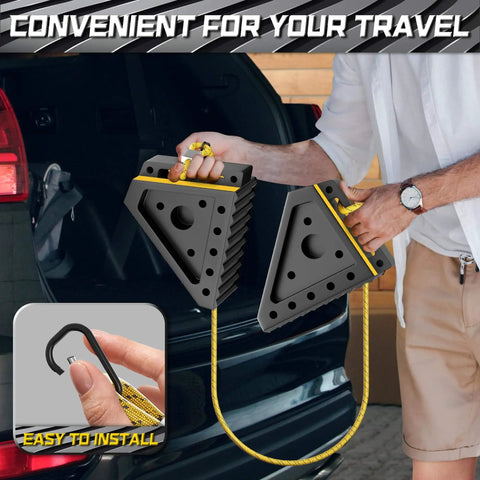 Man holding heavy duty wheel chocks with 39 inch rope for trailers RVs cars trucks and ATVs non slip grip on uneven ground