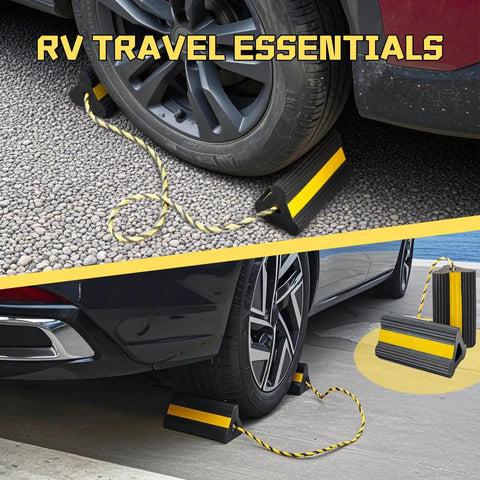 Heavy Duty Wheel Chocks With Gloves And Storage Bag For RVs Trailers Trucks Cars Campers And Aircraft, shown under tires.