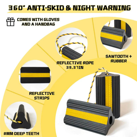 Wheel Chocks With Gloves, Heavy Duty Rubber, 8mm Teeth, Non Slip Base, All Terrain Anti Slip Tire Stopper with reflective rope shown