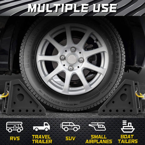 Heavy Duty Wheel Chocks With 39 Inch Rope For Trailers RVs Cars Trucks And ATVs Non Slip Grip On Grass Concrete Slopes And Uneven Ground Easy To Store With Handles shown with tire