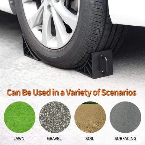 Image of Heavy Duty Wheel Chocks for RVs and Campers Non Slip Tire Chocks for Travel Trailers and Boat Trailers with Handles Durable UV Resistant High Density Plastic Lightweight 4 Pack under a parked vehicle tire with multiple surface scenario icons below.