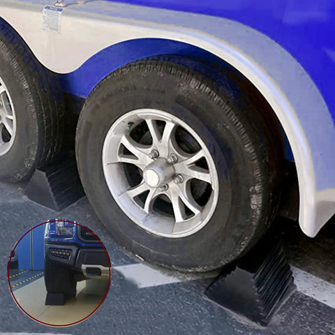 Heavy Duty Wheel Chocks 2 Pack For Travel Trailers With Eyebolt, Universal Size 9.06 x 7.87 x 5.51 Inches in use with tires