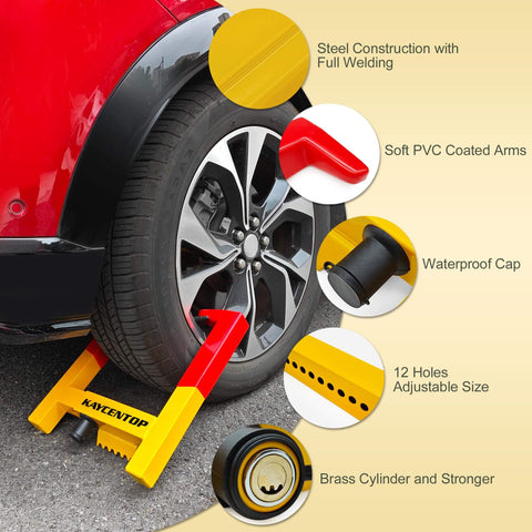 Heavy Duty Universal Wheel Lock Clamp With All Welded Steel Construction And Brass Lock Core Waterproof Cover, Anti Theft Tire Lock Deterrent