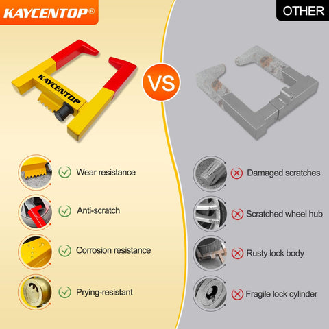 Comparison of Heavy Duty Universal Wheel Lock Clamp With All Welded Steel Construction And Brass Lock Core Waterproof Cover and generic lock