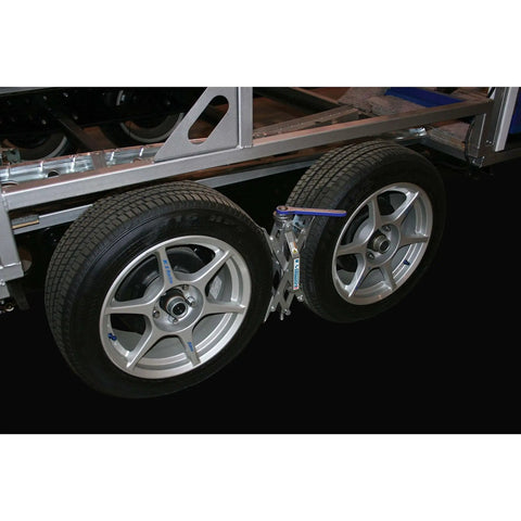 American Made Built Tough Heavy Duty Wheel Stabilizer Pair With One Handle For RV And Trailer Stabilization Reduces Tire Sway Between Tandem Tires With Zinc Coated Steel installed between tandem wheels on trailer
