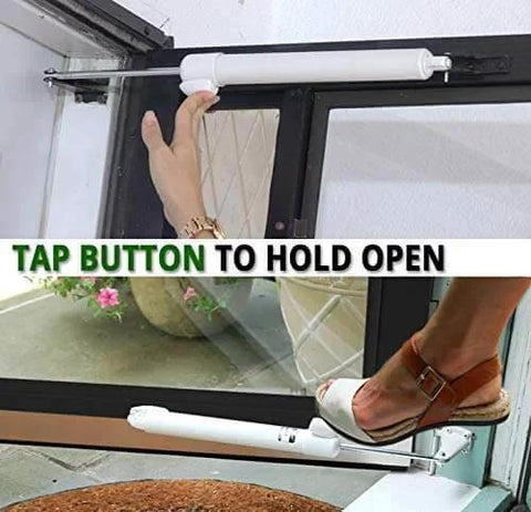 Heavy Duty Door Closer System (White) installed on door frame, showing hands-free hold open feature with touch button and foot pedal.