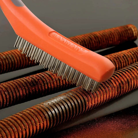 Wire Brush Set, Heavy Duty Stainless Steel and Carbon Steel Wire Brushes cleaning rust from metal rods with 10" plastic handle