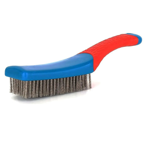 Heavy Duty Wire Brush for Cleaning with dense steel bristles and non-slip red handle for rust removal and home kitchen use.