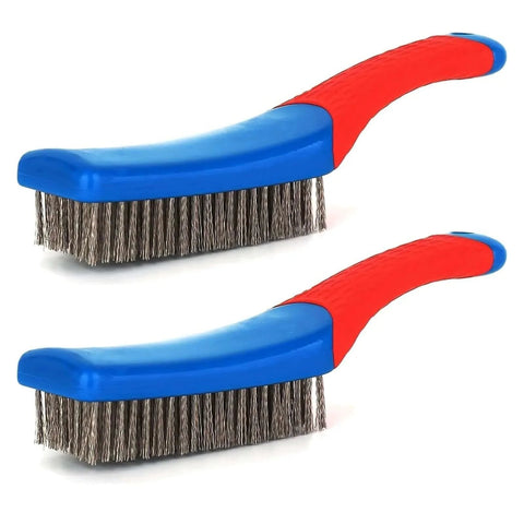 Two heavy duty wire brushes for cleaning with dense steel bristles and non-slip red handles, ideal for rust removal and home kitchen use.