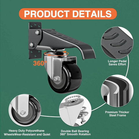 Close-up of a heavy-duty retractable side mount caster wheel with steel frame, part of Workbench Casters Kit Heavy Duty Retractable.