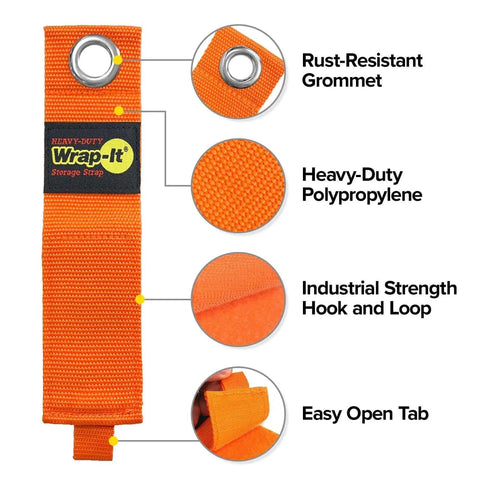 Heavy Duty Wrap It Storage Straps 10 Inch 6 Pack Blaze Orange showing key features like grommet, polypropylene, hook and loop, easy tab.