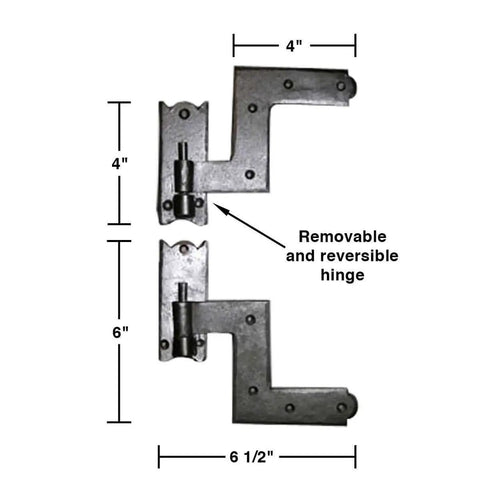 Heavy-Duty Black Wrought Iron Shutter Hinges with lift-off pintles, 6.5 inch, reversible, on white background showing measurements.