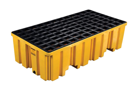 Beefed Up Heavy Duty Drum Spill Containment Pallet With Drain And Forklift Pockets, 66 Gallon Sump, 4,000 Lb Load Capacity, Fits Two Drums, 51.5 x 26.25 x 13.75 Inches, Made In USA, Yellow