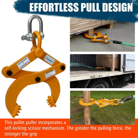 Heavy Duty Pallet Puller Clamp For Forklift Chains With 6 Inch Jaw Opening And 2204 Lbs Capacity The Rugged Boss For Tree Stump And Brush Pulling With Self Locking Scissor Mechanism Industrial Grade, shown in use with a pallet and tree stump