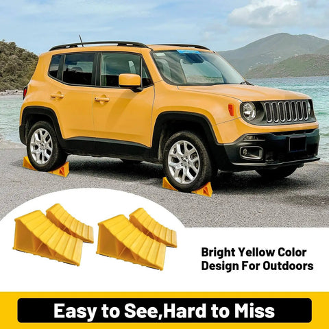 Heavy Duty Wheel Chocks For Travel Trailers And RVs Yellow 4 Pack Non Slip Lightweight Two Wheel Stopper Set Used Outdoors
