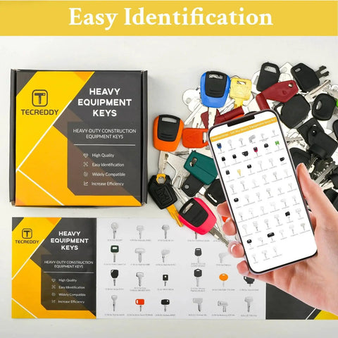 105 Pieces No Duplicate Heavy Equipment Keys Master Set for Construction Machinery shown with box and smartphone reference guide.
