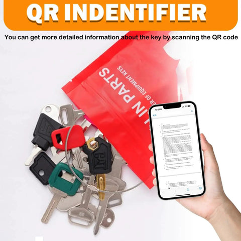 Heavy Equipment Keys Master Set With 50 Ignition Keys For Construction Machines next to QR code manual on smartphone