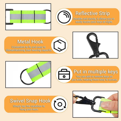 Image showing reflective strip for visibility, metal hook for load-bearing, and swivel snap hook for hanging 55 Piece Heavy Equipment Keys Master Set.