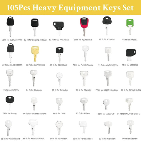 105 Pieces No Duplicate Heavy Equipment Keys Master Set for Construction Machinery, visible key variety for excavators, tractors.