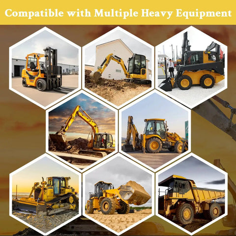 Collage of heavy equipment: forklift, excavators, and loaders from 105 Pieces No Duplicate Heavy Equipment Keys Master Set For Construction Machinery.